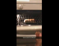 Girl opens oven compares bread to stomach 