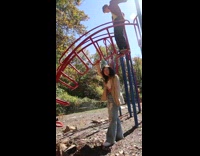 Playground jungle gym breaks when guy stands on it