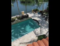 Small white dog runs outside by pool 