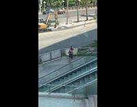 Girl pulls leggings down white underwear escalator 