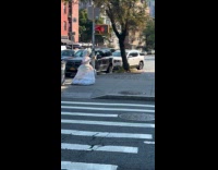 Collab WINY - Woman in white Victorian dress on sidewalk