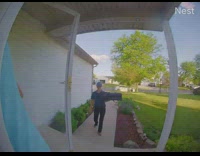 Girl delivers dominos and smells flowers at porch