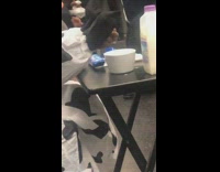 Guy in cow costume eats oreos with milk on desk in subway train