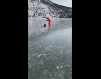 Man lies down on the frozen lake