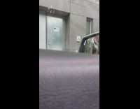 Female pet owner pushes dog stroller with pet in her arms 