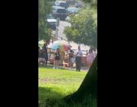 Woman tube top tiktok dance at park