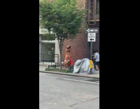 Two guys shooting a video of a person inside of a dinosaur costume 
