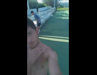 Guys scream on tennis court and climb up light pole