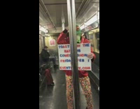 Collab Subway Creatures - Old man in frog mask and red sequin suit does balloon animal trick