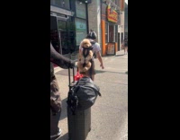 Collab WINY - Woman has her dog on pet carrier 