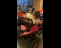 Dog drive small pink jeep with girl