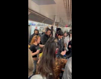 Crowd silent party at subway wears headphones