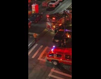 Woman poses beside the fire truck on the street