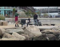 Old man sit and stretch bench pier