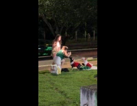 Two dogs Christmas outfit poses at park