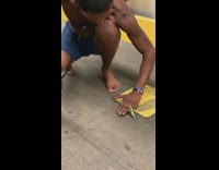 Blue shorts guy picks up green bug 