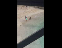 Woman in bikini bend over with a kid behind