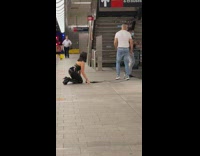 Black leather pants whip girl subway station