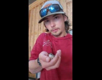 Guy red shirt feed bird on palm