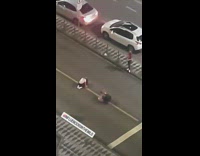 Girl kneel hair flip with dust street