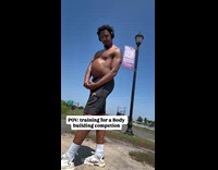 Man flexes body muscle with bloated stomach