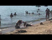 Woman bikini lie down beach photo shoot