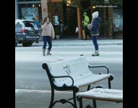 Girl beige jacket dance middle street snow