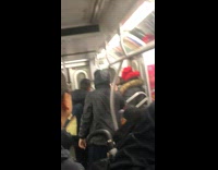 Collab Subway Creatures - Man wearing trashbag gets pinned up to wall in subway fight