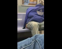 Guy blue adidas hoodie pulls jacket over head, pants down and masturbates on train