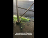 Green slime dripping down building pillar, TMNT ooze