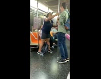 Man green shirt swings spins on pole and hits head on another pole on subway train