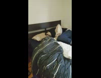 A woman puts speaker next to man asleep in bed
