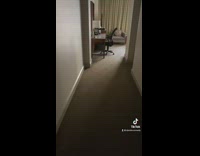 Hotel room with spooky long walkway to bed