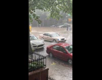 Flooded street block during the storm