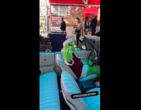 The Grinch rides car roams on street