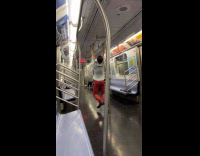 Man rides train does pull ups inside