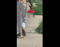 Brown shirt guy carries cage two lizards