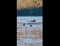 Girl red swimsuit WAP dance platform lake