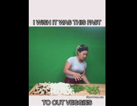 Woman cuts pile of vegetables in an instant green background