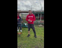 Guy has friend cut his shin with a grass tool 