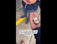 Man counts his coins while filmer waits