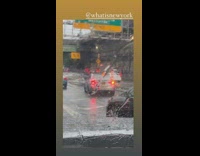 Flood on highway under the bridge rain