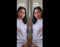 Girl lip syncs mirror filter rice noodles 