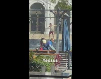 Man grey shirt dab on stairs yes