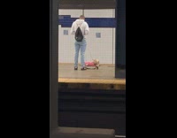 Dog wearing pink sweater lays on skateboard at subway station 