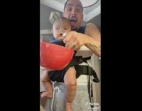 Father teaches son how to beat eggs then son beats it himself grown up