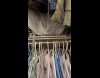 Cat lays down on hoomans clothes inside closet