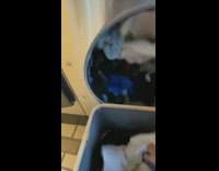 Guy takes clothes out of dryer while its still spinning