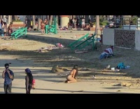 Collab IITW - Girl onesie swimsuit kneel sexy pose beach