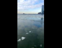 Pieces of ice float on Hudson river